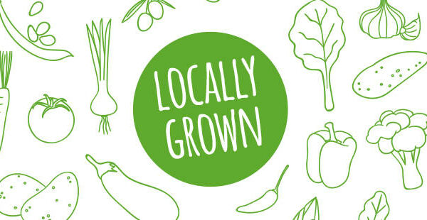 "Locally Grown" in a green circle surrounded by drawings of vegetables